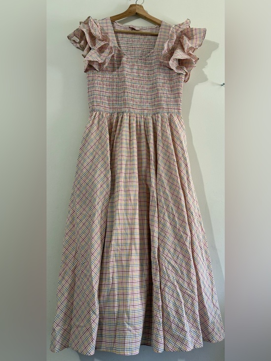 Ivy City Co Dresses & Skirts - Ivy City Co Pink Plaid Ruffle Sleeve Smocked Midi Dress